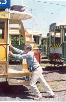 Weston Bate launching Horse Tram No. 1