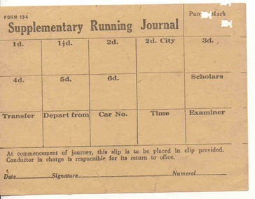 Document - Form/s, Melbourne and Metropolitan Tramways Board (MMTB), "Supplementary Running Journal", 1950's