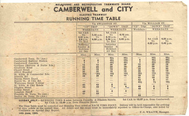 Ephemera - Timetable/s, Melbourne and Metropolitan Tramways Board (MMTB), "Camberwell and City Electric Tram Running Timetable Table", 1953