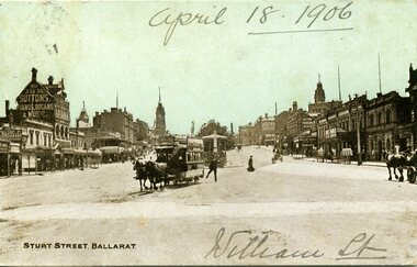 Postcard, E.W. Cole Arcade, Ballarat Horse tram arriving at the Grenville St. terminus, c1900