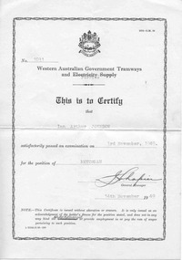 Certificate, Western Australian Government Tramways and Ferries