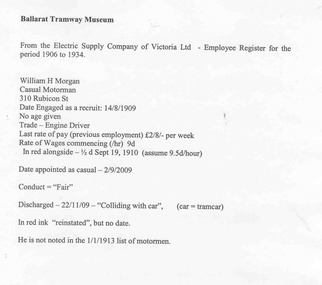 Document - Letter/s, Ballarat Tramway Museum (BTM), William H Morgan, Feb. 2009