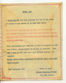 Document - Instruction, Ballarat Tramway Preservation Society (BTPS), "First Aid", 1972
