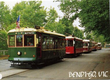 Postcard, Color Offset Marketing Pty Ltd, five Birney trams lined up in Tramways Ave, 1987