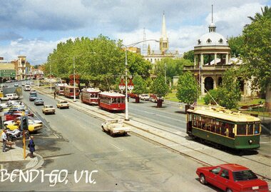 Postcard, Color Offset Marketing Pty Ltd, five Birney trams north bound in Pall Mall, 1987
