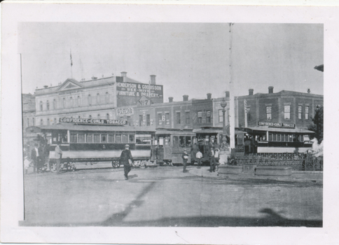  two Bendigo Tramways Co. Ltd steam trams and trailers at Charing Cross