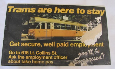 Poster, Melbourne and Metropolitan Tramways Board (MMTB), advertising MMTB Employment, mid 1970's