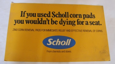 Poster, Scholl, advertising Scholl corn pads, late 1970's