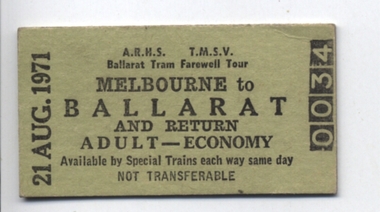 Ephemera - Ticket/s, Victorian Railways, ARHS / TMSV joint tour to Farewell Ballarat Trams, 1971