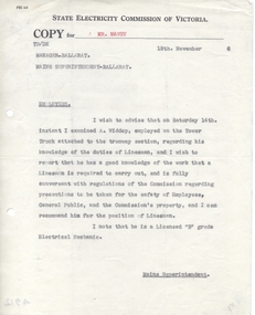 Administrative record - Memorandum, State Electricity Commission of Victoria (SEC), "Employees", Nov. 1936