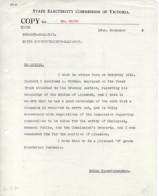 Administrative record - Memorandum, State Electricity Commission of Victoria (SECV), "Employees", Nov. 1936