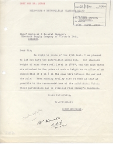 Document - Letter/s, Melbourne and Metropolitan Tramways Board (MMTB), 16/03/1934 12:00:00 AM