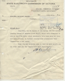 Document - Letter/s, State Electricity Commission of Victoria (SECV), "Tramways By-Law No. 1", Nov. 1940
