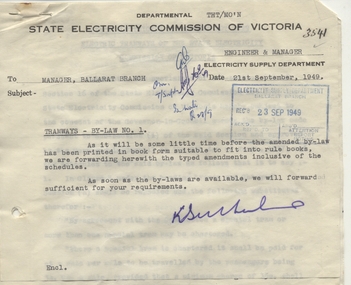 Document - Letter/s, State Electricity Commission of Victoria (SECV), "Tramways By-Law No. 1 ", Sep. 1949