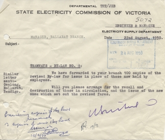 Document - Letter/s, State Electricity Commission of Victoria (SECV), "Tramways By-Law No. 1", Aug; 1950