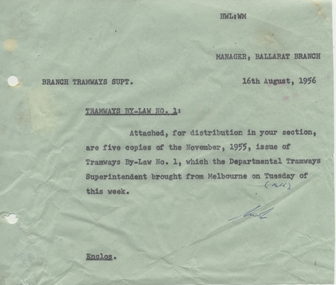 Document - Letter/s, State Electricity Commission of Victoria (SECV), "Tramways By-Law No. 1", Aug. 1956