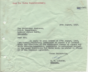 Document - Letter/s, State Electricity Commission of Victoria (SECV), "Crossing Under Tramway Tracks", Aug. 1957