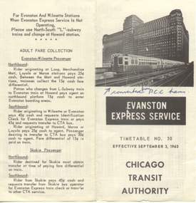 Ephemera - Timetable, Chicago Transit Authority, "Evanston Express Service" - Wal Jack collection, 1963