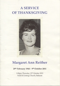 Programme, Reither Family, "Margaret Ann Reither", Oct. 2011