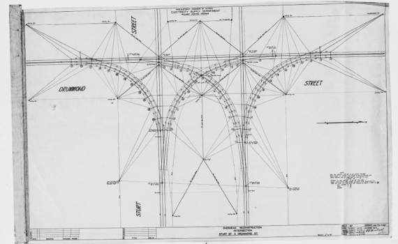 "Overhead Reconstruction Intersection of Sturt & Drummond Streets during reconstruction."