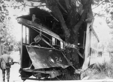Photograph of tram 24 after a derailment