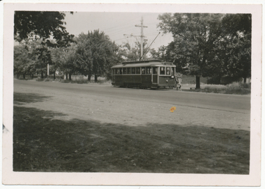 A vintage tramcar sits on a road lined with trees, with a few people boarding.