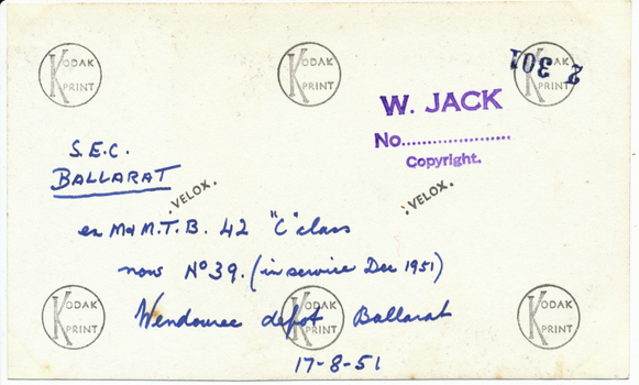 Ex MMTB 42 after delivery to Ballarat - rear of print