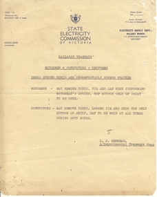 Administrative record - Memorandum, State Electricity Commission of Victoria (SEC), "Motormen & Conductors - Uniforms - Dress during Humid and Uncomfortable Summer Weather", mid to late 1950's?