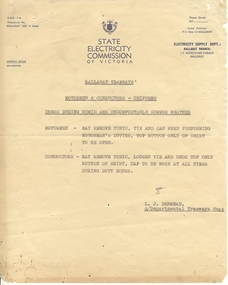 Administrative record - Memorandum, State Electricity Commission of Victoria (SECV), "Motormen & Conductors - Uniforms - Dress during Humid and Uncomfortable Summer Weather", mid to late 1950's?