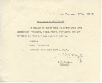 Administrative record - Memorandum, State Electricity Commission of Victoria (SEC), "Employees - Sick Leave", Feb. 1971