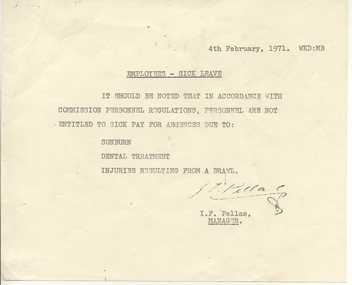 Administrative record - Memorandum, State Electricity Commission of Victoria (SECV), "Employees - Sick Leave", Feb. 1971