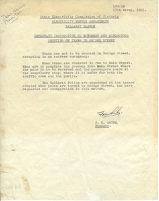 Document - Instruction, State Electricity Commission of Victoria (SECV), "Important Instruction to Motormen and Conductors Shunting of Trams in Bridge Street", 17/03/1965 12:00:00 AM