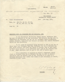Administrative record - Memorandum, State Electricity Commission of Victoria (SECV), "Melbourne show and Melbourne Cup Day Holidays 1971", 10/05/1971 12:00:00 AM