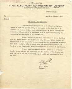 Administrative record - Memorandum, State Electricity Commission of Victoria (SEC), "To All Ballarat Personnel", 11/01/1963 12:00:00 AM