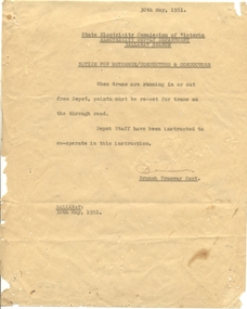 Document - Instruction, State Electricity Commission of Victoria (SEC), "Notice for Motormen/Conductors and Conductors", 30/5/19561