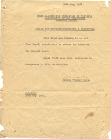 Document - Instruction, State Electricity Commission of Victoria (SECV), "Notice for Motormen/Conductors and Conductors", 30/5/19561