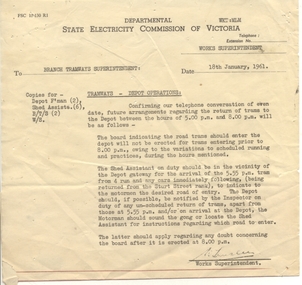 Document - Instruction, State Electricity Commission of Victoria (SECV), "Tramways - Depot Operations", 18/01/1961 12:00:00 AM