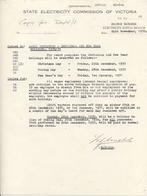 Document - Photocopy, State Electricity Commission of Victoria (SECV), "Wages Employees - Christmas and New Year Holidays 1970/71", 24/11/1970 12:00:00 AM