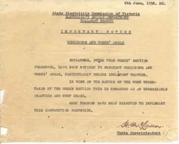 Document - Instruction, State Electricity Commission of Victoria (SECV), "Important Notice Workshops and Works' Areas", 6/06/1958 12:00:00 AM