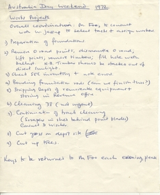 Administrative record - Memorandum, Melton Foo?, "Australia Day Weekend 1972 - Works Projects", Jan. 1972