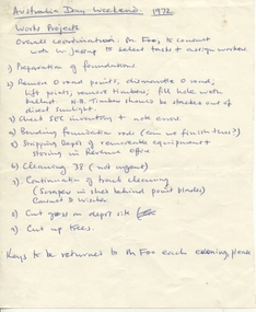 Administrative record - Memorandum, Melton Foo?, "Australia Day Weekend 1972 - Works Projects", Jan. 1972