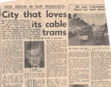 Newspaper, "City that loves its cable trams", 1950's