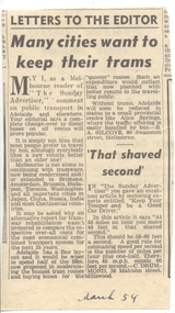 Newspaper, The Sunday Advertiser Adelaide, "Many cities want to keep their trams", Mar. 1954