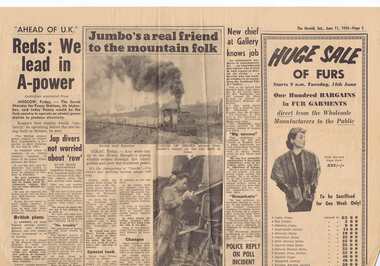Newspaper, Herald  Sun, "Jumbo's a real friend to the mountain folk", "Stainless steel carriages here?", "100 mph "air ride" ", 11/06/1955 12:00:00 AM