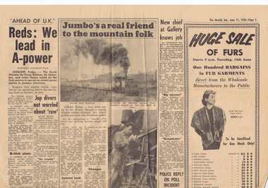 Newspaper, Herald Sun, "Jumbo's a real friend to the mountain folk", "Stainless steel carriages here?", "100 mph "air ride" ", 11/06/1955 12:00:00 AM