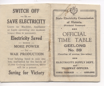 Ephemera - Timetable, "Official Timetable Geelong No. 39", 1943