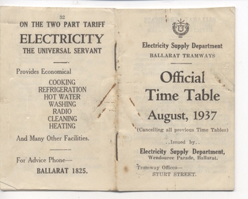 Ephemera - Timetable/s, State Electricity Commission of Victoria (SECV), "Official Time Table August 1937, Aug. 1937