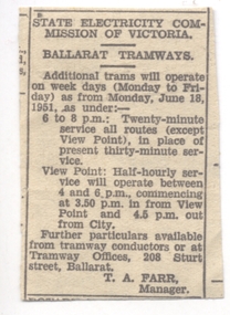 Newspaper, The Courier Ballarat, Additional trams to operate - Notice, Jun. 1951
