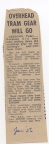 Newspaper, Melbourne Herald?, "Overhead Tram Gear will go", Jan. 1956