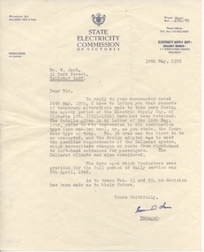 Document - Letter/s, State Electricity Commission of Victoria (SECV), 30/05/1950 12:00:00 AM